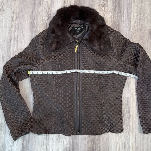ST. JOHN - WOVEN LEATHER JACKET - WITH REMOVABLE RABBIT FUR COLLAR- WOMENS LARGE - Picture 8 of 15